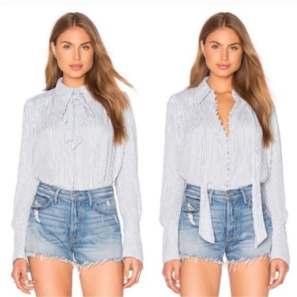 Free People Modern Muse Striped Blouse Blue White Crepe Hi Lo - Picture 8 of 15